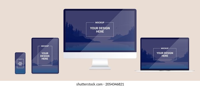 Computer screens mockup - Template with computer, tablet and mobile device screen. Vector illustration