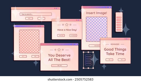 Computer screens, opened windows with short phrases and elements, loading bars. Graphic design stickers and decorations. Vector illustration set.