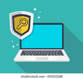  Computer and Search badge  security icon  concept. Flat vector illustration.