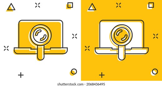 Computer search icon in comic style. Laptop with magnifying glass cartoon vector illustration on white isolated background. Device display splash effect business concept.