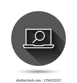 Computer search icon in flat style. Laptop with magnifying glass vector illustration on black round background with long shadow effect. Device display circle button business concept.