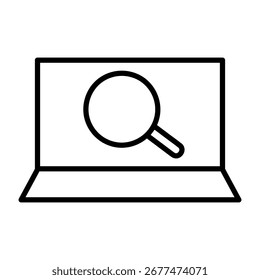 Icono de búsqueda de computadora en estilo de arte en línea con computadora portátil y lupa aislada sobre fondo blanco.