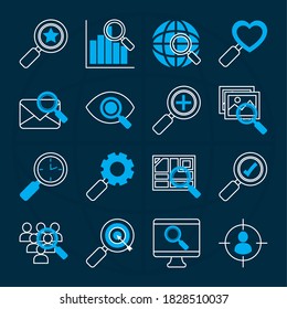 computer and search icon set over blue background, half line half color style, vector illustration