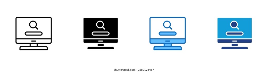 Vetor de design de ícone de vários estilos de pesquisa de computador - tela do monitor com barra de pesquisa, simbolizando pesquisa on-line, navegação ou consulta de computador
