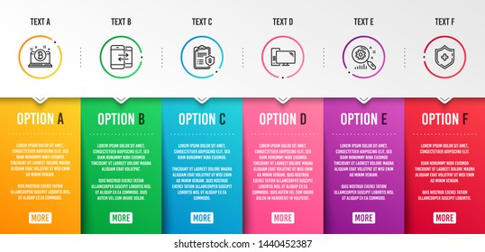 Computer, Search statistics and Privacy policy icons simple set. Phone communication, Bitcoin and Medical shield signs. Pc component, Analysis. Technology set. Infographic template. 6 steps timeline