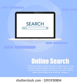 the computer with the search system on the screen is on a blue background, and the text below it is about nothing