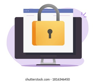 Computer secure online lock closed vector, internet privacy web access protected desktop pc via padlock flat cartoon icon, website protection technology, digital security or cyber private network