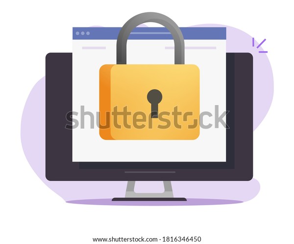 Computer secure online lock closed vector,\
internet privacy web access protected desktop pc via padlock flat\
cartoon icon, website protection technology, digital security or\
cyber private network