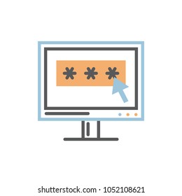 Computer with secure password notification icon over white flat and line modern style.PC screen with open password field and arrow.Acces