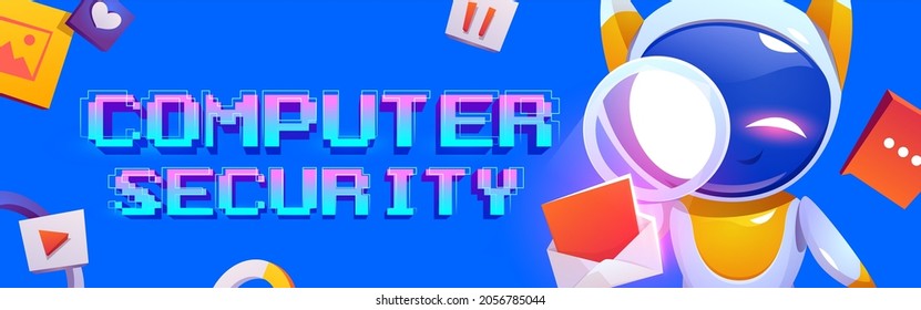 Computer security banner with cute robot character. Concept of information protect, safety internet technology. Vector poster of data secure with cartoon illustration of ai assistant with magnifier