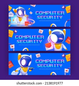 Los carteles de seguridad de la computadora con robots lindos protegen la información de privacidad. Concepto de red de seguridad, protección en línea. Página de inicio del vector con ilustración de caricatura del personaje de ai bot
