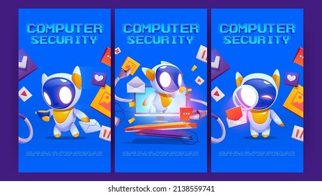 Computer security cartoon posters, cute bot on computer monitor screen protect data and media files. Hacker cyber attack protection, internet network secure digital technology, Vector promo flyers