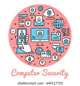 Computer security. Circle concepts security banner. Thin line art design. Modern graphic design line icons, flat elements set for websites, web banners, infographics. Creative vector illustration