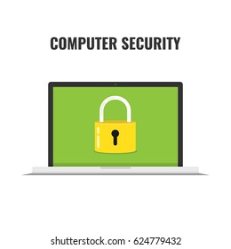 Computer security concept. Laptop with lock on the screen. Flat vector illustration.