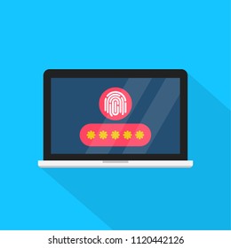 Computer security concept. Laptop with shield and lock on table. Flat vector illustration
