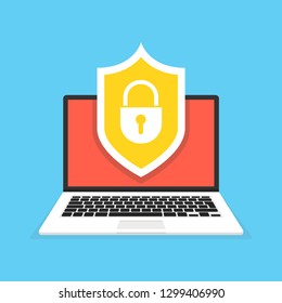 Computer security concept. Laptop with shield and lock on the screen. Vector illustration.