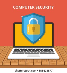 Computer security concept. Laptop with shield and lock on table. Flat vector illustration.