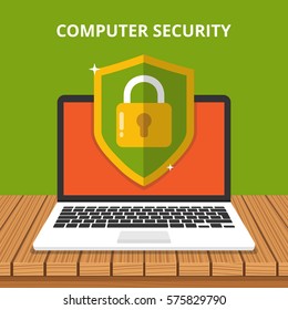 Computer Security Concept. Laptop With Shield And Lock On Table. Flat Vector Illustration.