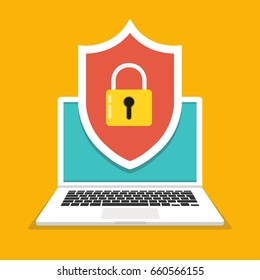 Computer security concept. Laptop with shield and lock on the screen. Flat cartoon style. Vector illustration.