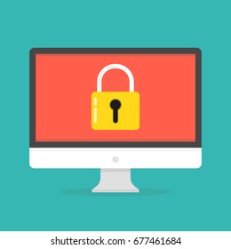 Computer security concept. Computer with lock on the screen. Flat cartoon style. Vector illustration.