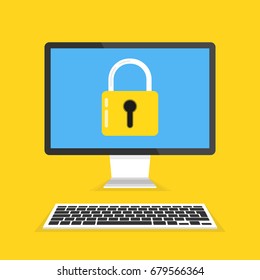 Computer security concept. Computer with lock on the screen. Flat cartoon style. Vector illustration.