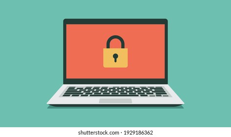 Computer Security Concept With Padlock Icon On Laptop Screen, Flat Vector Illustration