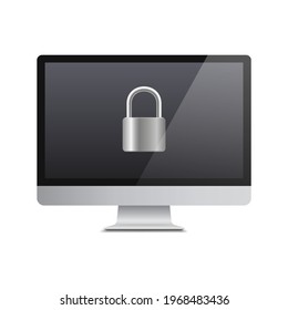 Computer security concept. Privacy policy, safety lock and data protection metaphor. Padlock on the computer monitor screen. Vector.