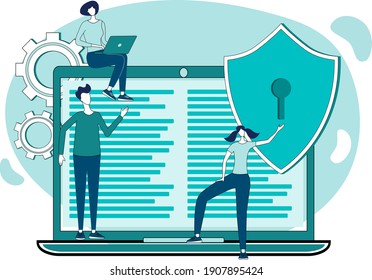 Computer security.The concept of safe use of the Internet connection and data security.Use of antivirus programs.Flat vector illustration.