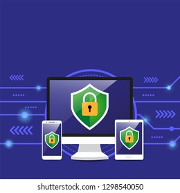 computer security concept, safety shield  protect computer tablet and smart phone on abstract blue background, 