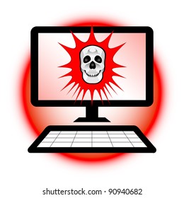 Computer security concept. Skull warning alert on computer screen.