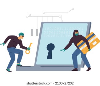 Computer security and cyber fraud concept with tiny anonymous hackers attacking computer security system, flat cartoon vector illustration on white background.