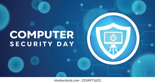 Computer Security Day. Shield, computer and padlock. Great for cards, banners, posters, social media and more. Blue background. 