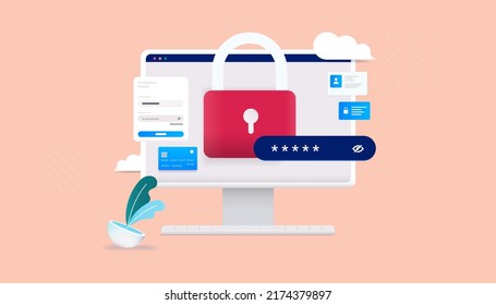 Computer security - Desktop PC with password protection and padlock, online safety concept, vector illustration