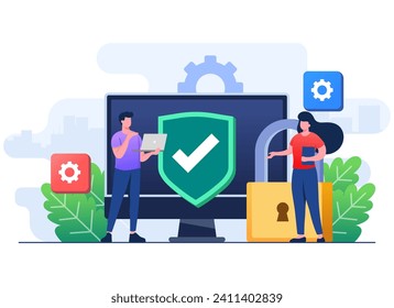 Computer security flat illustration vector template, Device security, PC protected with padlock and shield, Firewall protection concept, Privacy access, Private data, Secure system