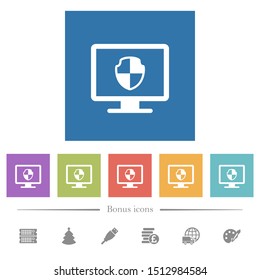 Computer security flat white icons in square backgrounds. 6 bonus icons included.