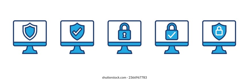 Computer security icons. Cyber security, shield protection, safety, monitor, padlock, check mark icon symbol for apps and websites. Editable stroke. Vector illustration