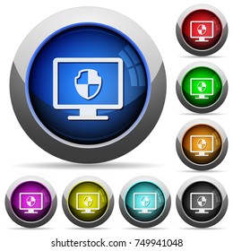 Computer security icons in round glossy buttons with steel frames