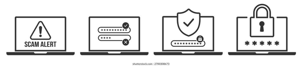 Computer security icons set. Password protection and scam alert symbols on transparent background