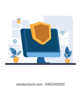 Computersicherheit, Internet-Schutz, Online-Schutz, Monitor-Schild, Datenverschlüsselung, Vektorgrafik.