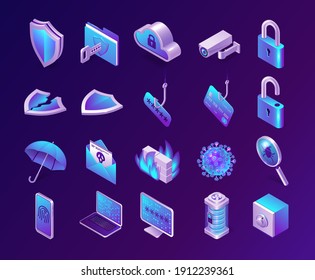 Computer Security Isometric Icons Set. Phishing, Safe, Database Server And Firewall, Spam Letter, Shield, Umbrella And Lock, Fingerprint Or Cloud Computing Technology Service, Isolated 3d Vector Signs