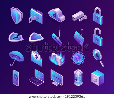 Computer security isometric icons set. Phishing, safe, database server and firewall, spam letter, shield, umbrella and lock, fingerprint or cloud computing technology service, isolated 3d vector signs