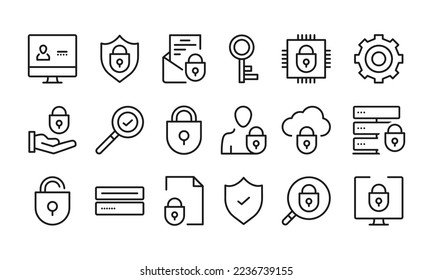 Computer security line icons set. Cyber lock, password, unlock. Guard shield security system symbols. Vector EPS 10
