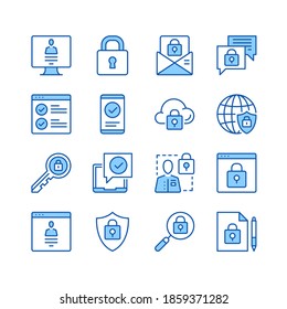 Computer security line icons. Simple vector symbols. Set of blue color filled outline icons
