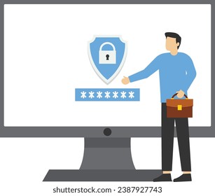 Pantalla de bloqueo de seguridad informática, Desbloqueo de acceso a datos, concepto de seguridad de uso de Internet y sitios web, seguridad y bloqueo de datos, Introducción de contraseña de inicio de sesión en el sistema, Ilustración de vector plano

