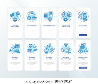 Computer security onboarding mobile app page screen with concepts set. Cybersecurity jobs walkthrough 5 steps graphic instructions. UI vector template with RGB color illustrations