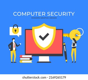 Seguridad informática. Personas y ordenador con escudo y marca de verificación. Tecnología de protección, conceptos de seguridad digital. Conjunto de elementos gráficos modernos. Ilustración del vector