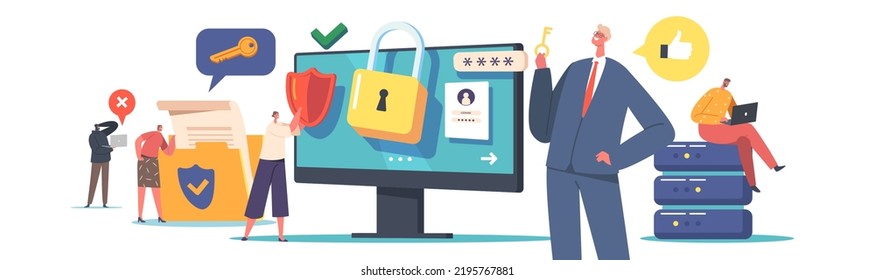 Computer Security, Privacy Data Protection in Internet, Virtual Private Network Concept. Tiny Characters around of Huge Desktop with Shield and Lock on Screen. Cartoon People Vector Illustration