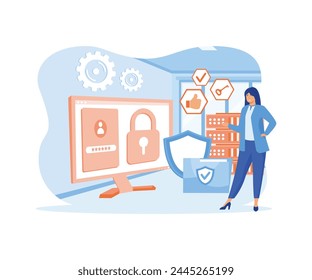 Computer Security, Privacy Data Protection in Internet, Virtual Private Network Concept. Pc Desktop with Shield and Lock on Screen, Protected Archive Folder. flat vector modern illustration