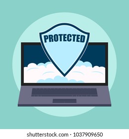Computer security, protect your laptop concepts. Notebook and shield. Flat design graphic elements for web banners, web sites, printed materials, etc. Modern vector illustration