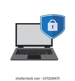 Computer security, protect your laptop concept. Laptop and shield icon with padlock. Modern flat design vector